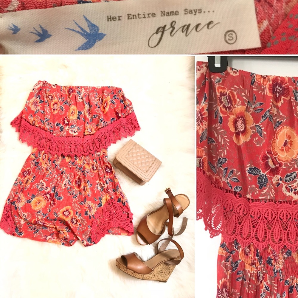 Strapless Francesca’s Romper w/ lace detail